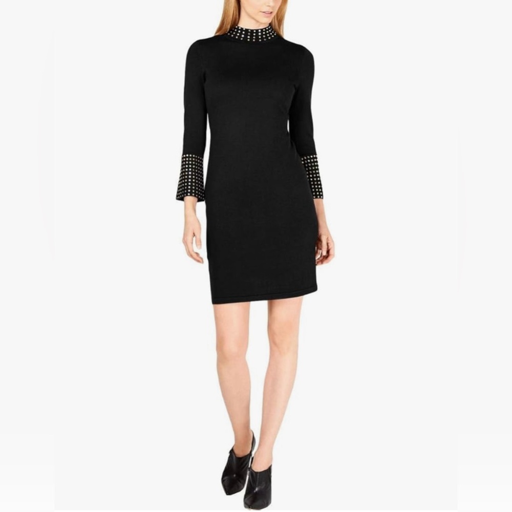 Calvin Klein Black Soft Studded Mock Neck Sweater Dress With Bell Sleeves